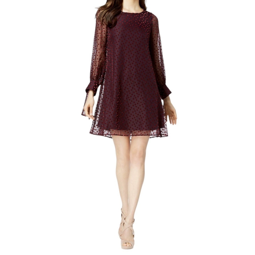Taylor dress‎ Womens Size 10 sheer Long sleeve polka dot Wine Cocktail Formal